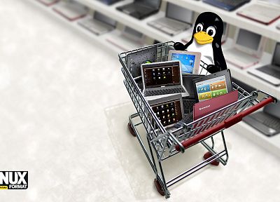 Linux, смокинг, пингвины, ноутбуки - копия обоев рабочего стола