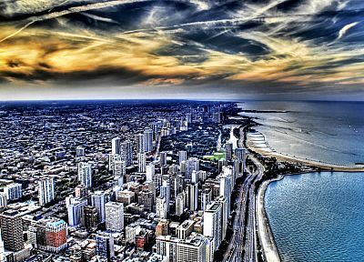 побережье, города, Чикаго, здания, небоскребы, Озеро Мичиган, HDR фотографии, Великие озера, пляжи - случайные обои для рабочего стола