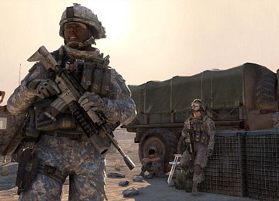 видеоигры, Солнце, пистолеты, перчатки, пустыня, Чувство долга, грузовики, очки, скриншоты, темные очки, Армия США, Humvee, M4A1, гранатомет, Зов Duty: Modern Warfare 2 - обои на рабочий стол
