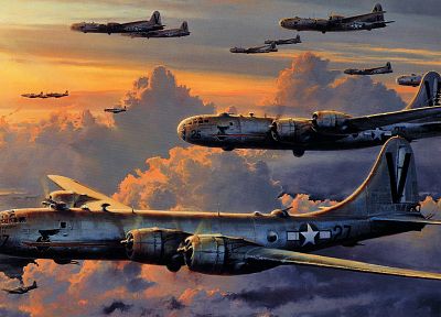 картины, самолет, военный, бомбардировщик, произведение искусства, B- 29 Superfortress - обои на рабочий стол