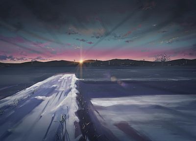 Япония, зима, снег, горизонты, поля, Макото Синкай, 5 сантиметров в секунду, аниме - копия обоев рабочего стола