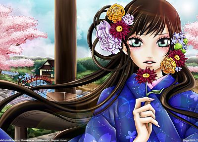 брюнетки, вишни в цвету, цветы, сакура, мосты, кимоно, зеленые глаза, реки, аниме девушки, Японский архитектура, Towako Gokurakuin, Ojousama ва Oyomesama - оригинальные обои рабочего стола