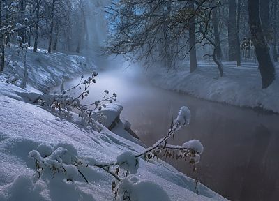 вода, пейзажи, природа, зима, деревья, ночь, реки - оригинальные обои рабочего стола