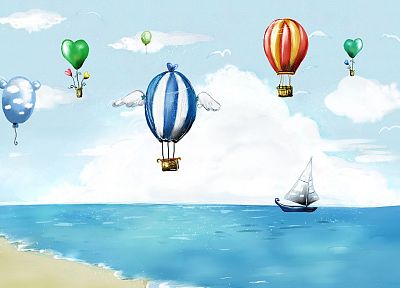 облака, цифровое искусство, произведение искусства, воздушные шары, сердца, воздушные шары, море - обои на рабочий стол
