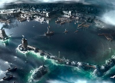 видеоигры, облака, Assassins Creed, города, корабли, произведение искусства, порт, море - оригинальные обои рабочего стола