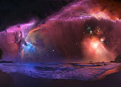 закат, космическое пространство, деревья, звезды, галактики, туманности, андромеда, научная фантастика, отпуск, пляжи - обои на рабочий стол