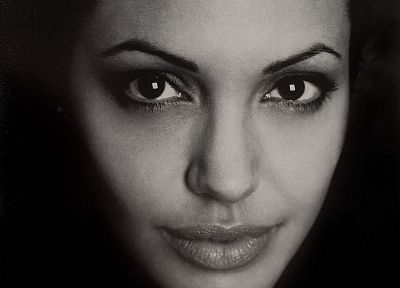 Анджелина Джоли, монохромный, лица, оттенки серого - оригинальные обои рабочего стола