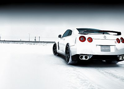 снег, автомобили, Ниссан, вид сзади, белые автомобили, Nissan Skyline GT- R, Nissan GT-R R35 - обои на рабочий стол