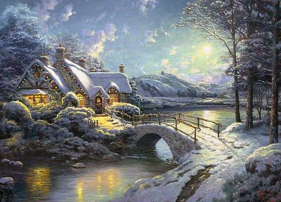 зима, снег, белый, Луна, лунный свет, рождество, произведение искусства, Томас Кинкейд, коттедж - случайные обои для рабочего стола