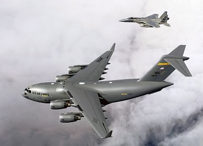 облака, самолет, война, военный, самолеты, F-15 Eagle, C- 17 Globemaster - обои на рабочий стол