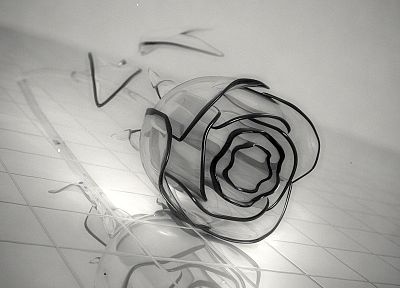 черно-белое изображение, природа, цветы, стекло, листья, столы, тьма, кристаллы, розы - обои на рабочий стол