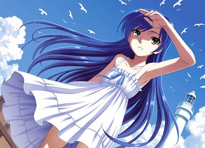 Kisaragi Chihaya, карие глаза, синие волосы, маяки, чайки, аниме девушки, Idolmaster - случайные обои для рабочего стола