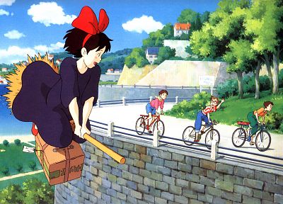 полет, велосипеды, дороги, Studio Ghibli, Служба доставки Кики, размахивание, дети, метловища, Кики ( Ведьмина служба доставки ) - обои на рабочий стол