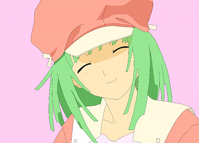 розовый цвет, Bakemonogatari (Истории монстров), зеленые волосы, Сэнгоку Nadeko, улыбка, шляпы, аниме девушки - обои на рабочий стол