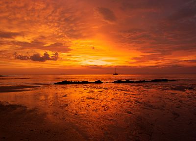 закат, океан, пейзажи, природа, песок, оранжевый цвет, корабли, пляжи - обои на рабочий стол