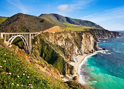 пейзажи, побережье, цветы, холмы, мосты, США, Калифорния, море, Big Sur Калифорния - случайные обои для рабочего стола