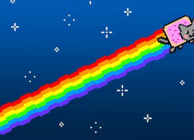 многоцветный, звезды, кошки, глупость, радуга, пикселей, произведение искусства, Nyan Cat - обои на рабочий стол