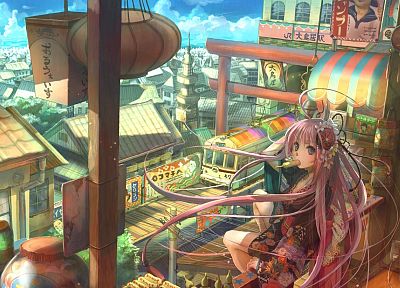 поезда, розовые волосы, Fuji Чоко, мягкие тени, аниме девушки, оригинальные персонажи - обои на рабочий стол