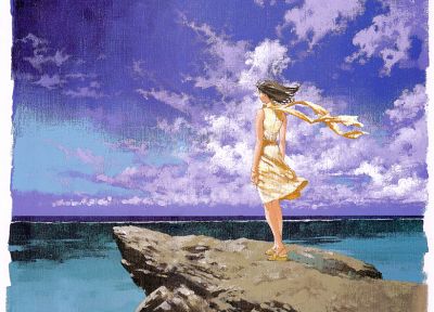 облака, скалы, RahXephon, произведение искусства, аниме девушки, ветреный, море - случайные обои для рабочего стола