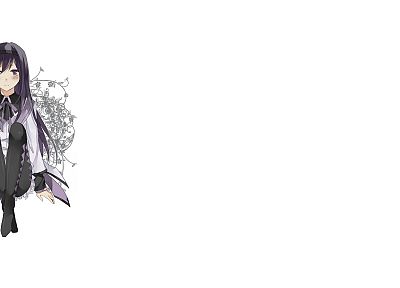 фиолетовые волосы, колготки, Mahou Shoujo Мадока Magica, аниме, Акеми Homura, фиолетовые глаза, простой фон, аниме девушки - похожие обои для рабочего стола