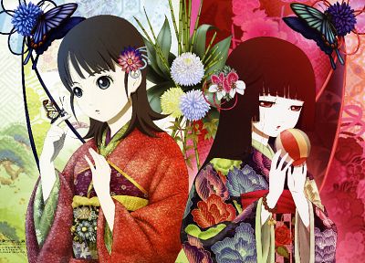 цветы, Jigoku Shoujo, кимоно, красные глаза, Енма Ai, японская одежда, черные волосы, бабочки - обои на рабочий стол