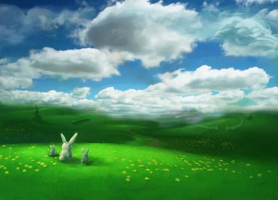 кролики, пейзажи, поля, произведение искусства - похожие обои для рабочего стола