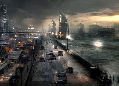 руины, города, дождь, волны, автомобили, дороги, научная фантастика, наводнение, апокалиптический - обои на рабочий стол