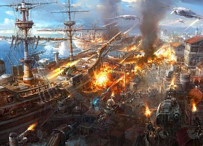 фантазия, самолет, война, города, взрывы, огонь, дым, корабли, оружие, 3D (трехмерный), Jaecheol парк - похожие обои для рабочего стола