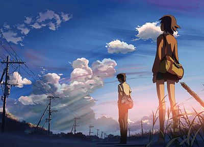 мальчик, девушки, облака, горизонты, Макото Синкай, 5 сантиметров в секунду, любители, аниме, небо - похожие обои для рабочего стола