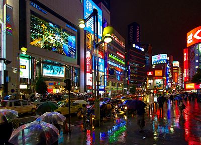 Токио, ночь, дождь, автомобили, Синдзюку, зонтики, пешеходы - похожие обои для рабочего стола