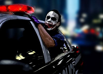 Джокер, Хит Леджер, полицейские машины, Темный рыцарь, клоун - случайные обои для рабочего стола