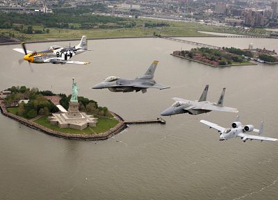 самолет, военный, Нью-Йорк, Статуя Свободы, самолеты, транспортные средства, F-15 Eagle, А-10 Thunderbolt II, F- 16 Fighting Falcon, P - 51 Mustang - копия обоев рабочего стола