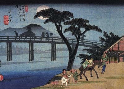 деревья, Луна, японский, мосты, лошади, произведение искусства, Укиё -э, Хиросигэ - случайные обои для рабочего стола