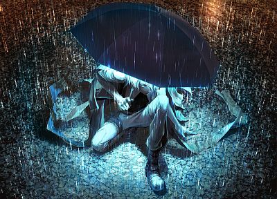 картины, ночь, дождь, аниме, зонтики, неоновые эффекты - обои на рабочий стол