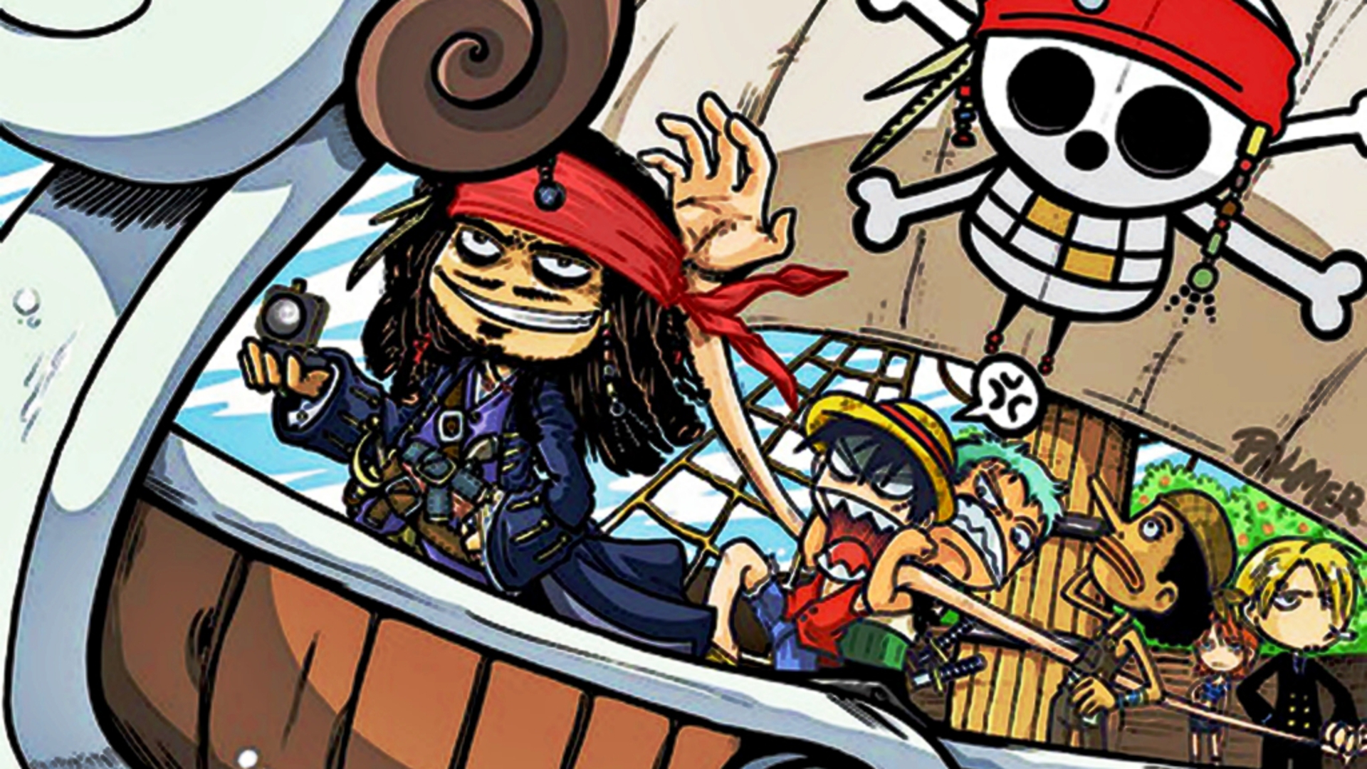 мультфильмы, One Piece ( аниме ), смешное, Roronoa Зоро, Пираты Карибского моря, произведение искусства, кроссоверы, Капитан Джек Воробей, Обезьяна D Луффи, Нами ( One Piece ), Санджи ( One Piece ) - обои на рабочий стол