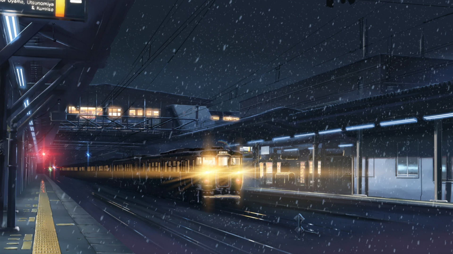 снег, поезда, Макото Синкай, вокзалы, живописный, 5 сантиметров в секунду, транспортные средства - обои на рабочий стол