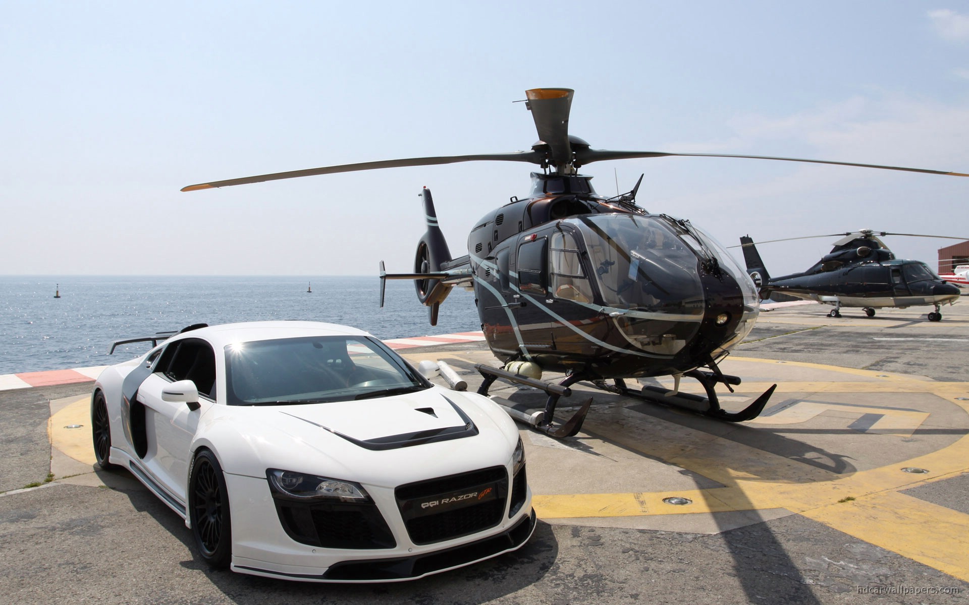 вертолеты, автомобили, транспортные средства, Audi R8 Razor GTR, белые автомобили, Eurocopter, EC135 - обои на рабочий стол
