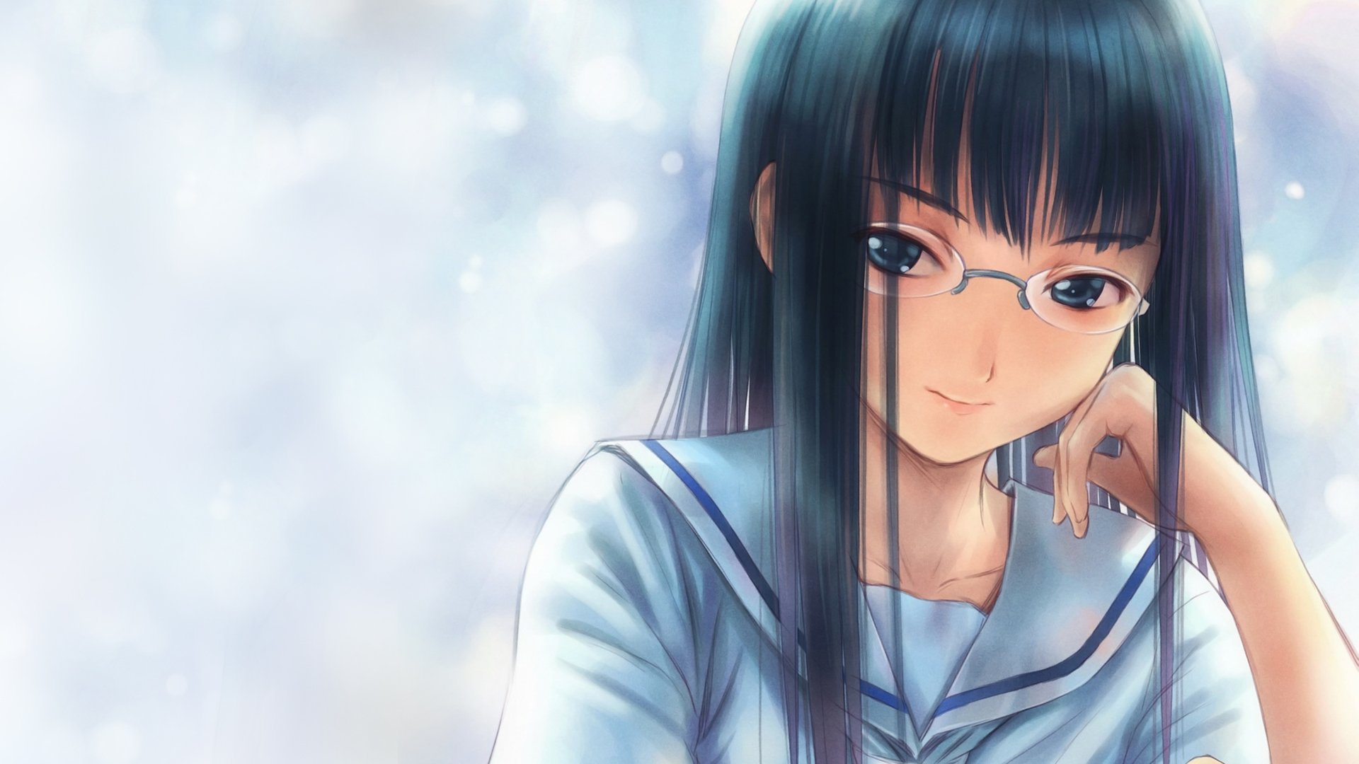 очки, синие волосы, meganekko, мягкие тени, аниме девушки - обои на рабочий стол