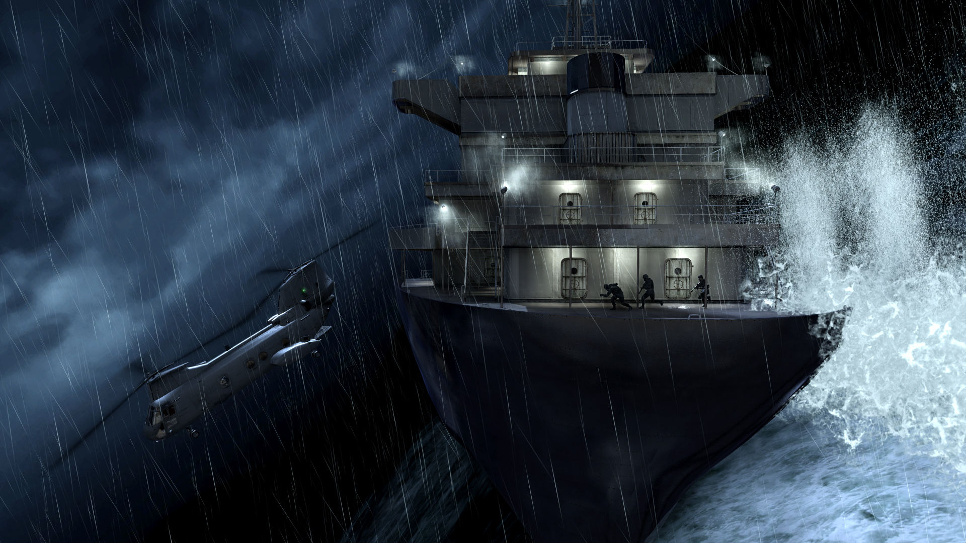 дождь, вертолеты, буря, Чувство долга, корабли, транспортные средства, Call Of Duty 4 : Modern Warfare - обои на рабочий стол