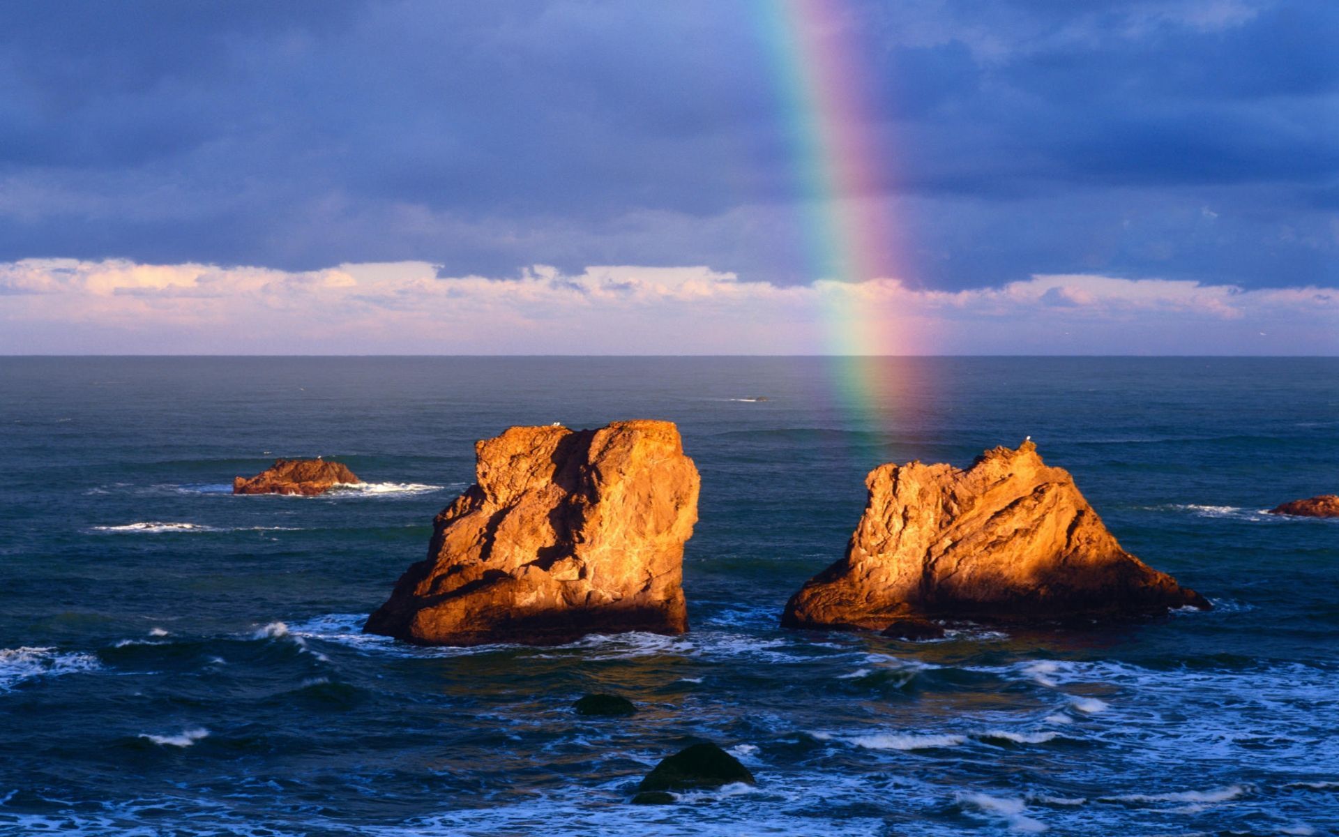 океан, скалы, радуга, небо - обои на рабочий стол