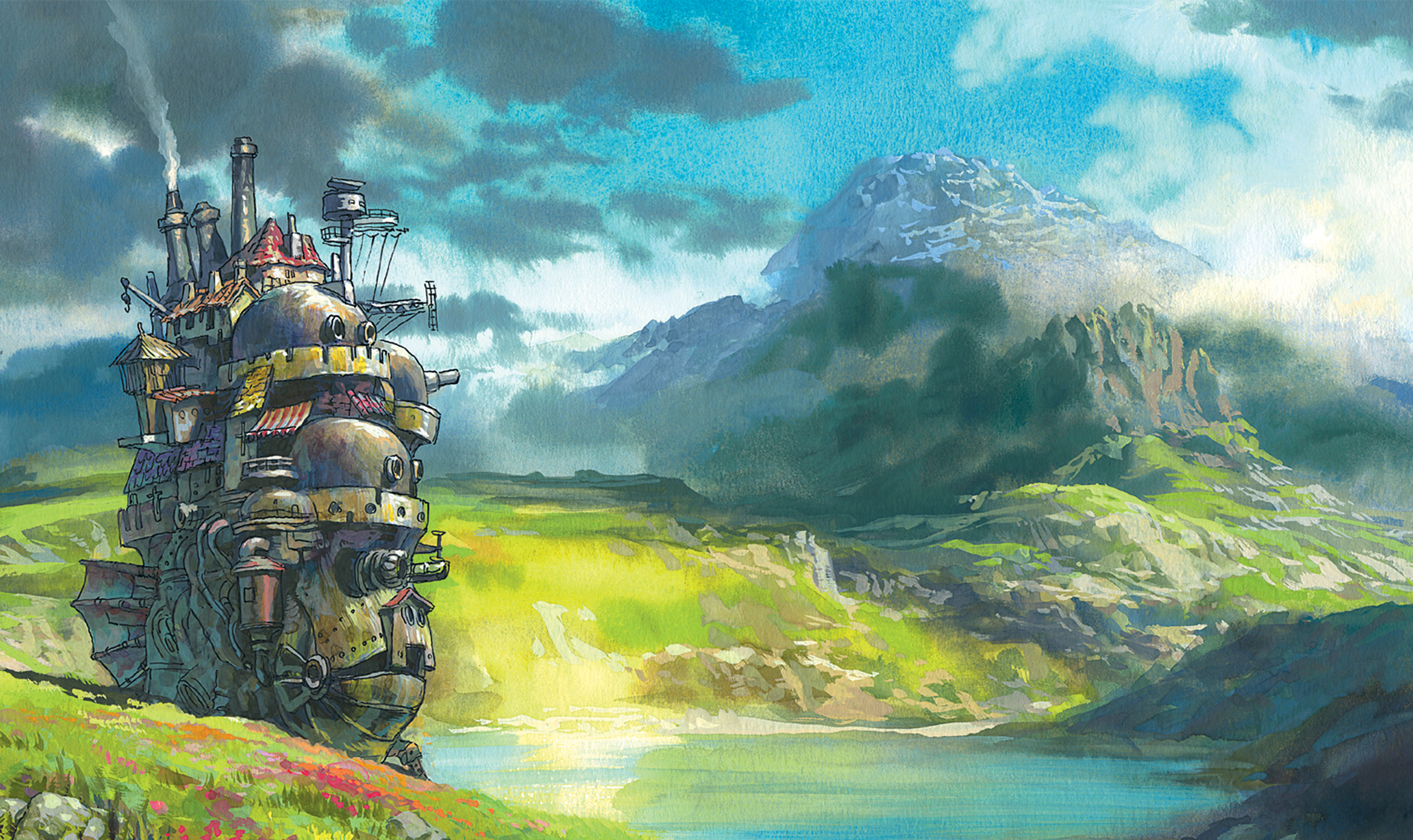 горы, пейзажи, Фэнтази, аниме, реки, Ходячий замок, hauru - обои на рабочий стол