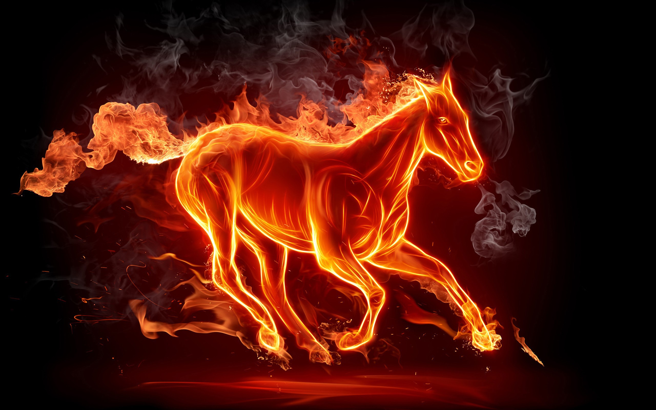 огонь, лошади, темный фон - обои на рабочий стол
