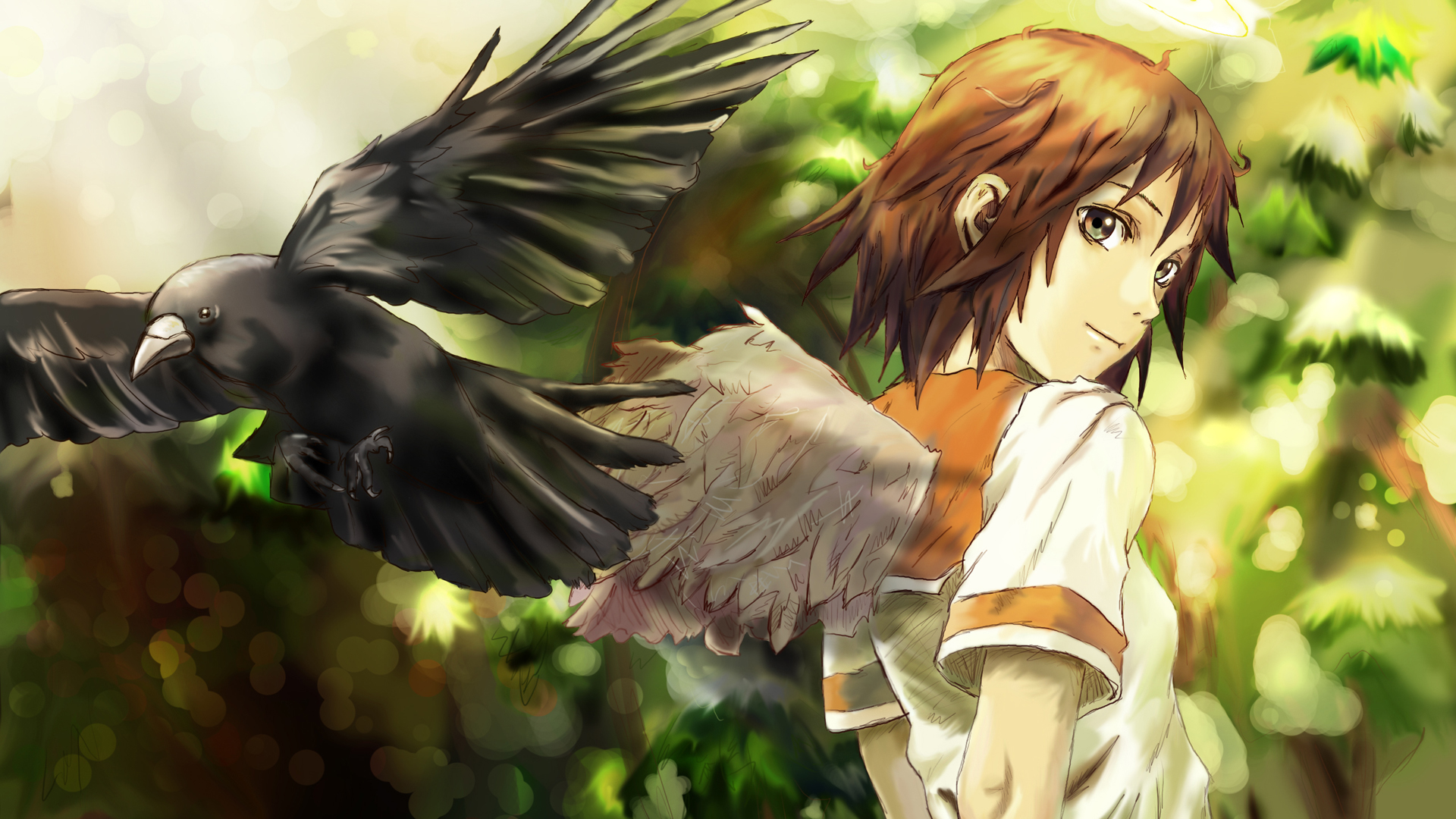 ангелы, крылья, Haibane Renmei, Ракка, школьная форма, аниме девушки, ореолы - обои на рабочий стол