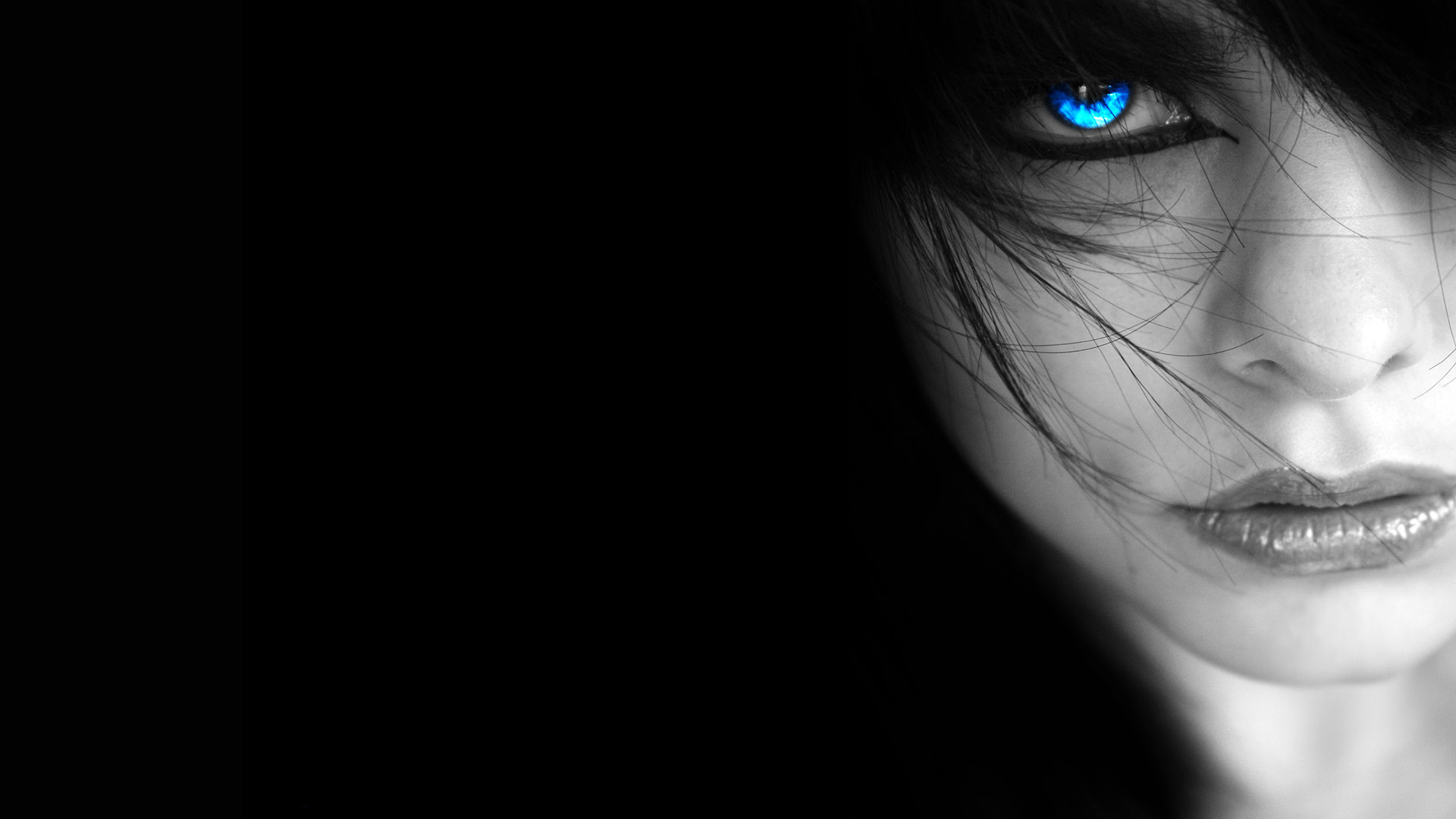 девушки, голубые глаза, выборочная раскраска, лица, темный фон - обои на рабочий стол