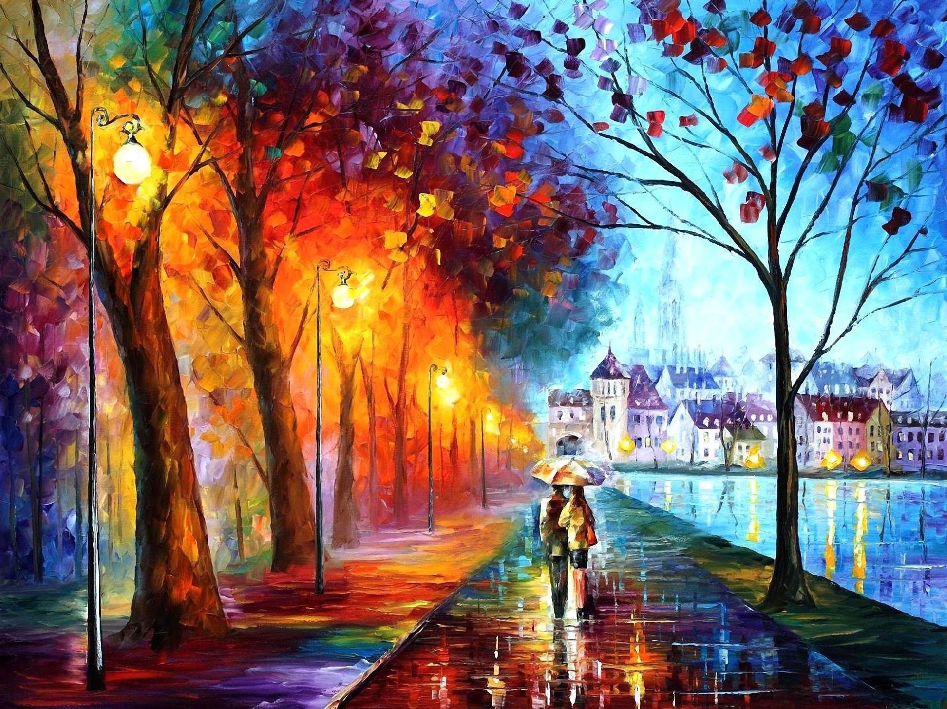 деревья, города, дождь, дома, пара, Леонид Афремов, произведение искусства, парки, зонтики, реки - обои на рабочий стол