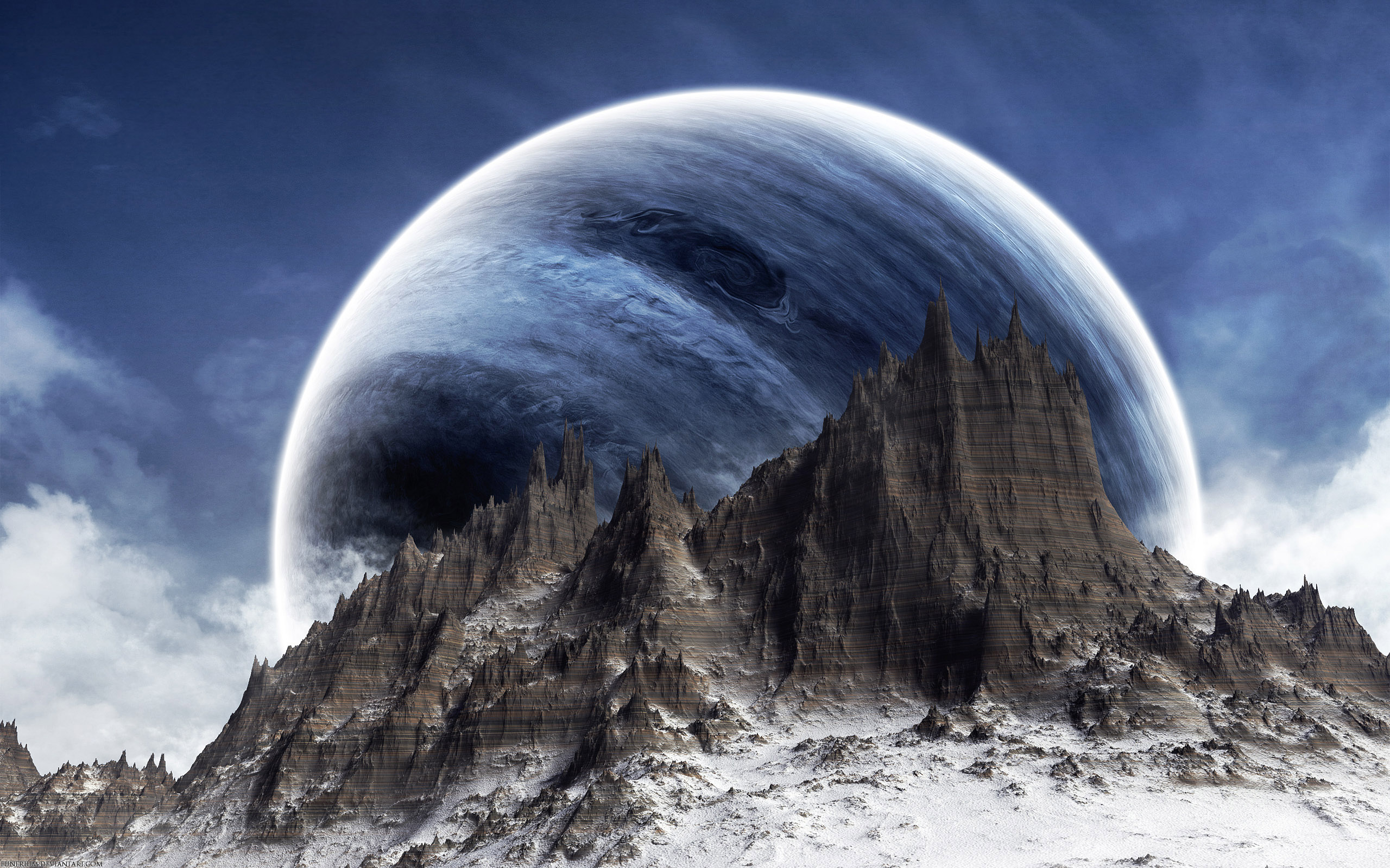 синий, горы, облака, снег, планеты, научная фантастика - обои на рабочий стол
