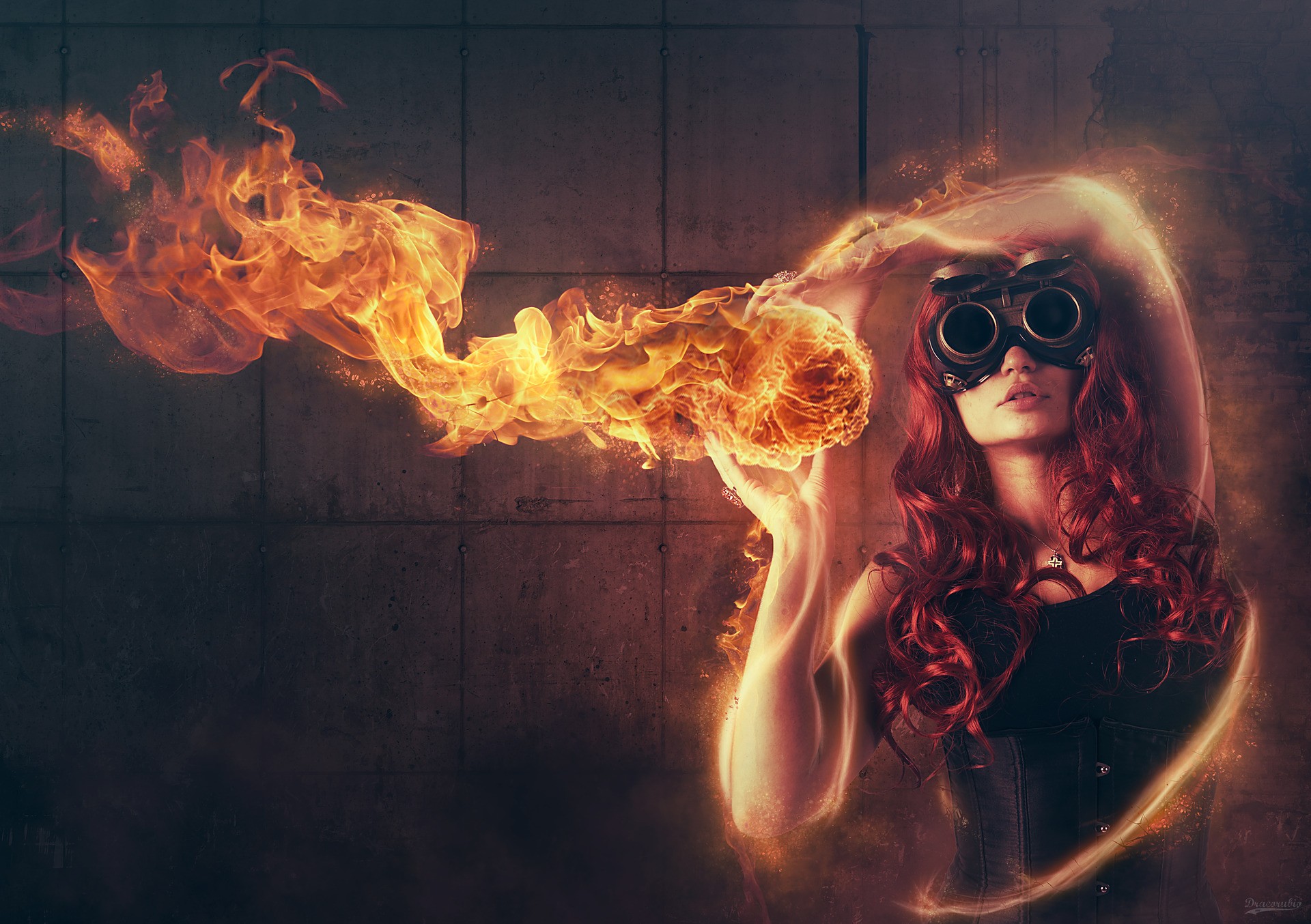 девушки, огонь, огонь, цифровое искусство, Анна, фотомонтаж, Roderique Arisiaman ака Dracorubio, танец огня, огненный шар, сжигание - обои на рабочий стол