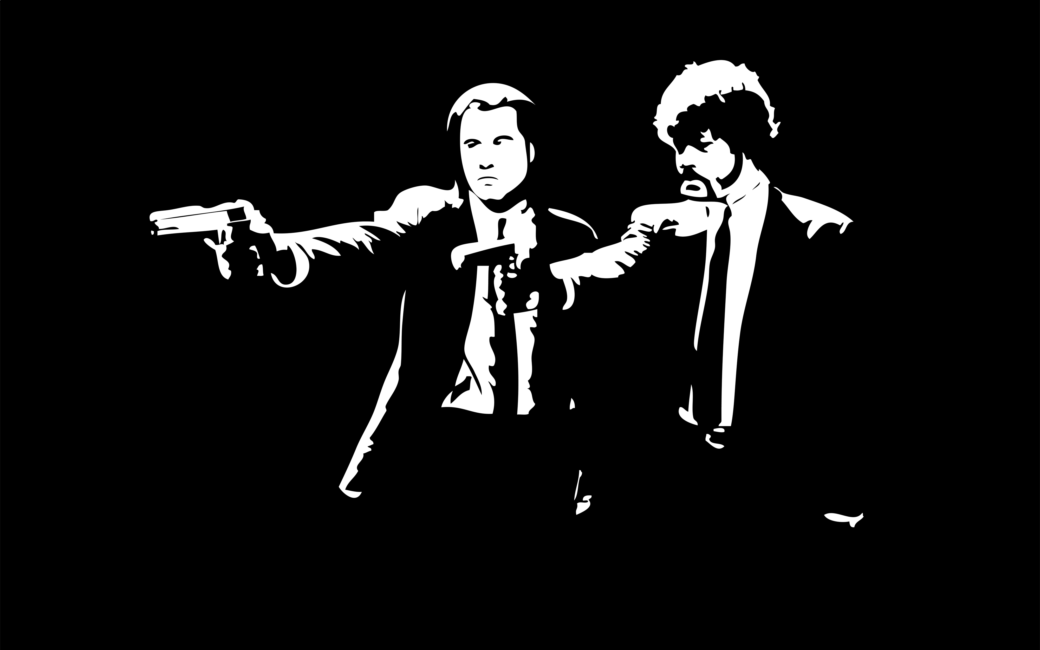 черно-белое изображение, Криминальное чтиво, Сэмюэл Л. Джексон, Джон Траволта, темный фон - обои на рабочий стол