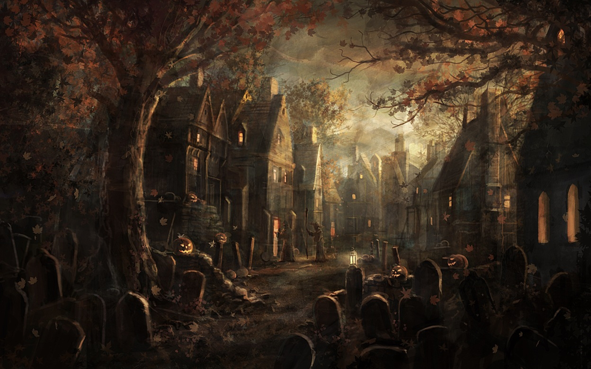 осень, Хэллоуин, дома, надгробия, ночь, кладбище, Radojavor - обои на рабочий стол