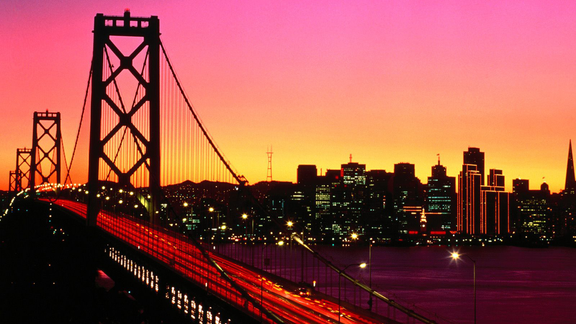 закат, города, мосты, здания, Сан - Франциско, длительной экспозиции - обои на рабочий стол